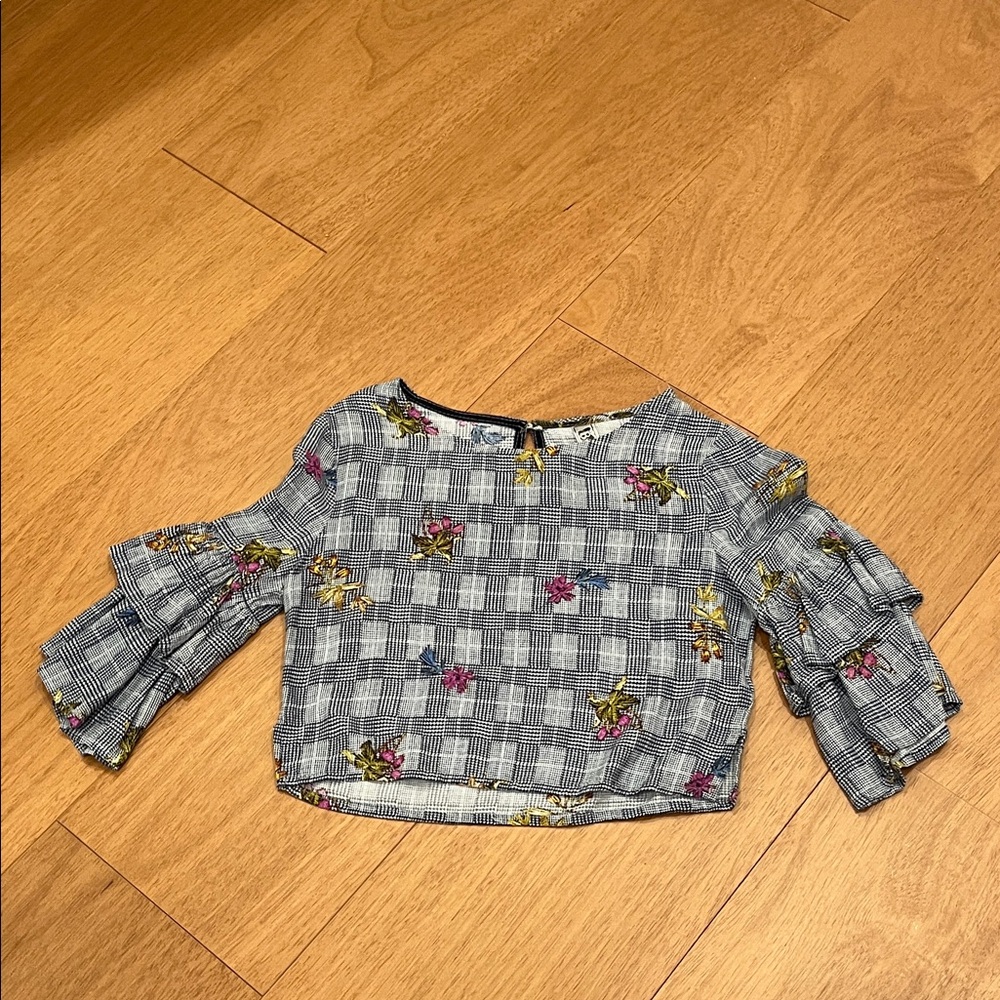 Beautees Gray Plaid Blouse with Floral Accents